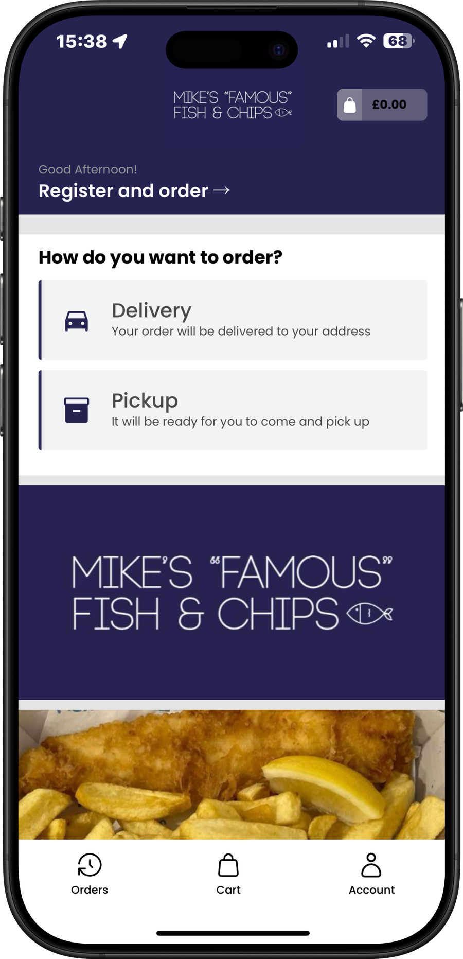 The Affa-Fine ordering app, shown here running as Mike's Famous Fish & Chips