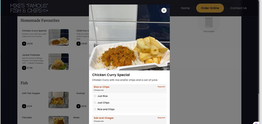 Real Affa-Fine item screen with option modifiers, running for Mike's Famous Fish & Chips