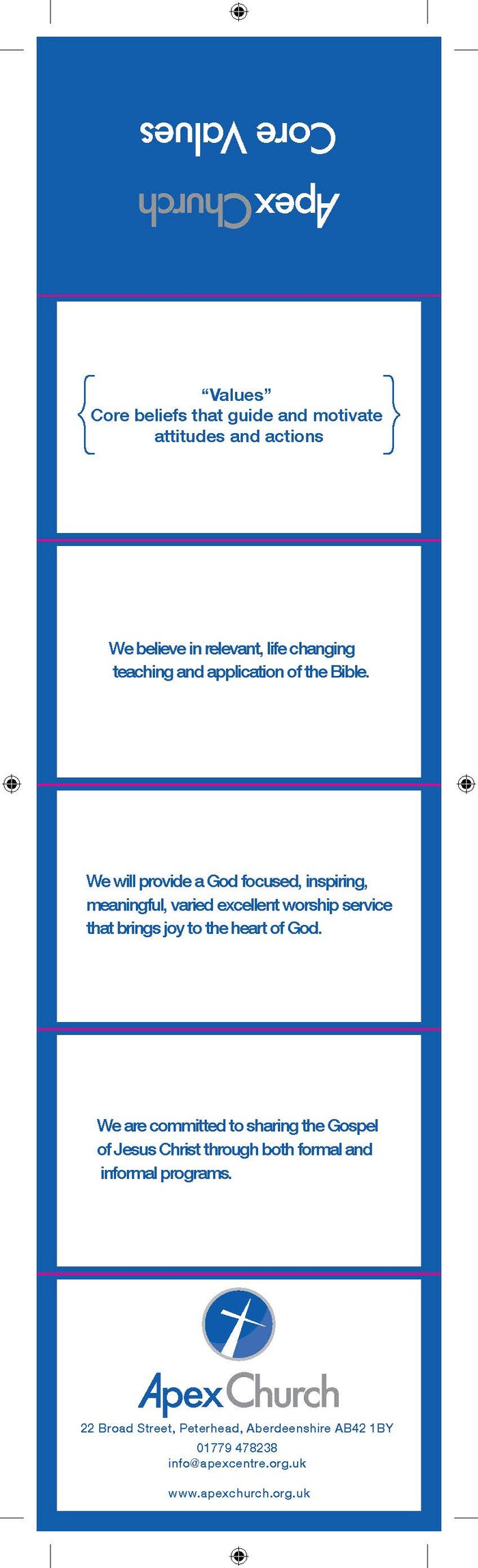 Apex Church Core Values fold-out leaflet designed by BCreativ