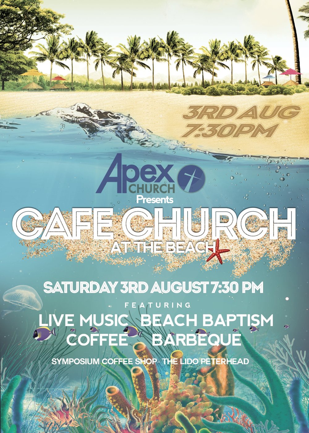 Cafe Church at the Beach event poster designed by BCreativ for Apex Church