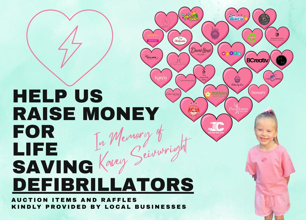 Help Us Raise Money for Life Saving Defibrillators charity poster designed by BCreativ, in memory of Kacey Seivwright