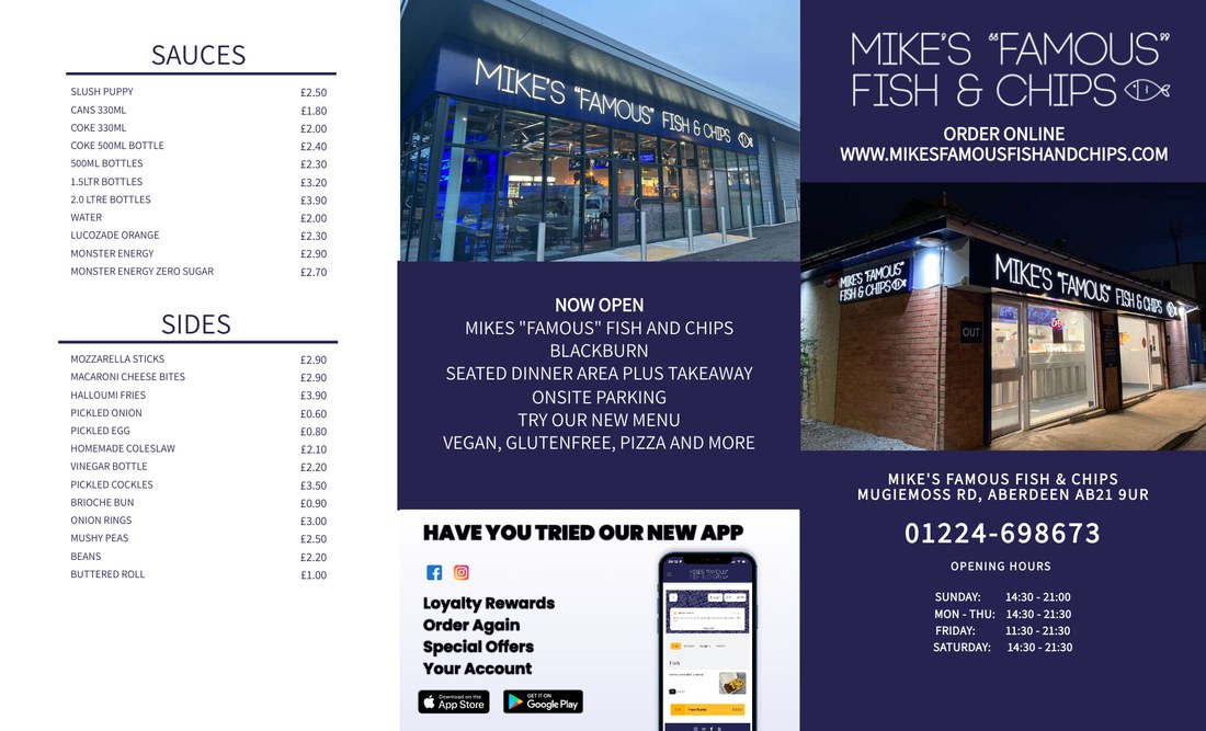 Mike's Famous Fish and Chips menu and promotional flyer designed by BCreativ