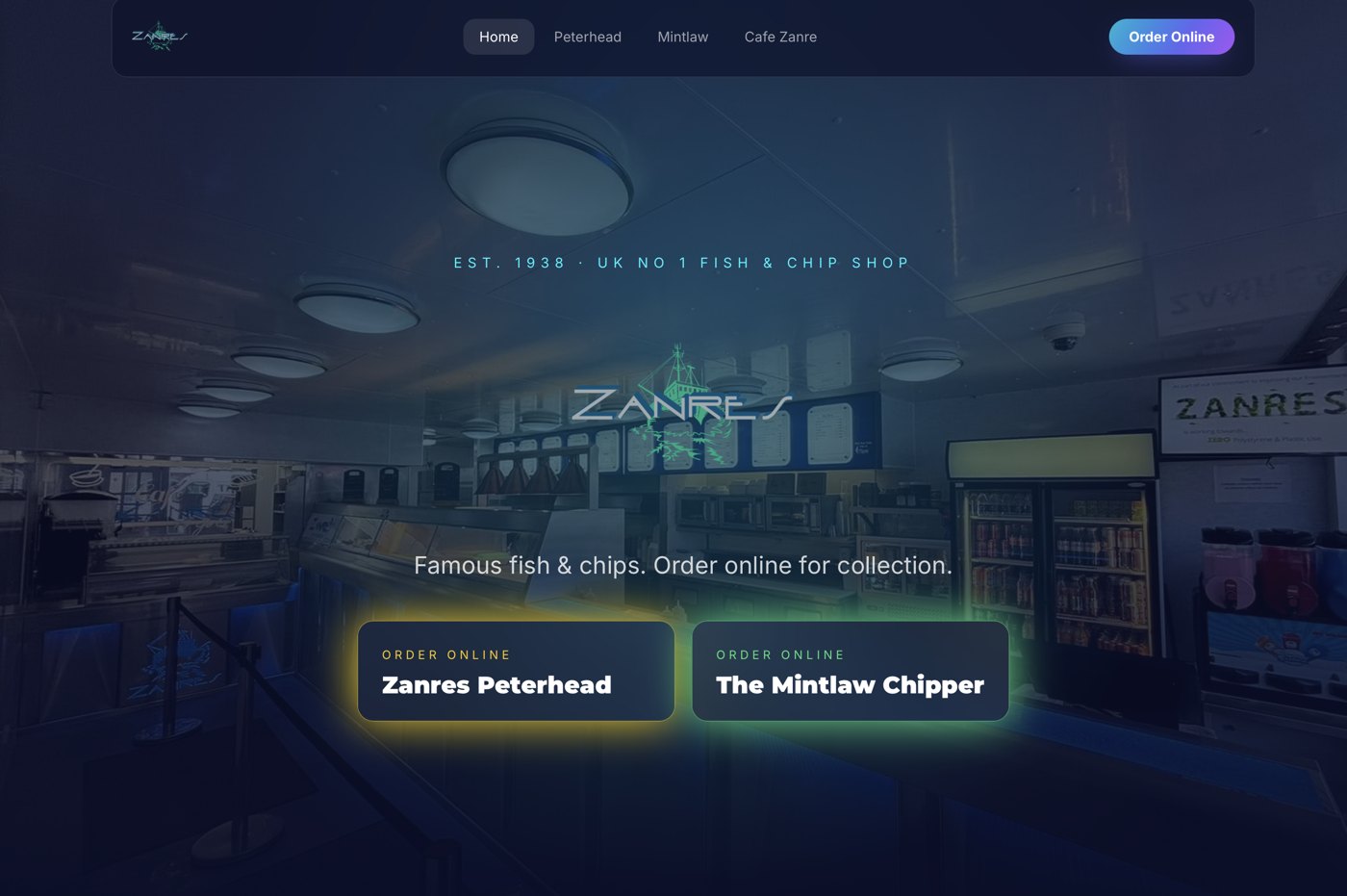 Zanres fish and chip shop website designed by BCreativ